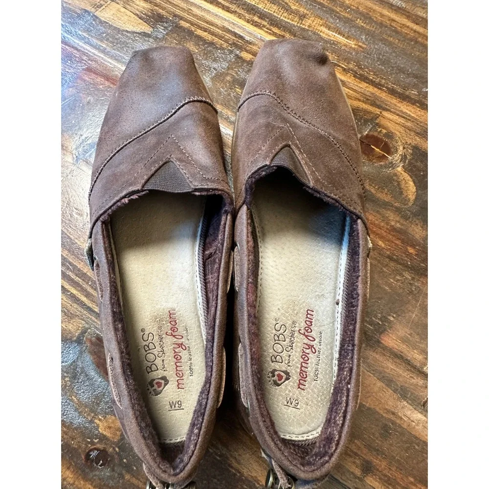 Skechers BOBS‎ Women 9 Brown Memory Foam Faux Leather Plaid Lined Loafers 33731